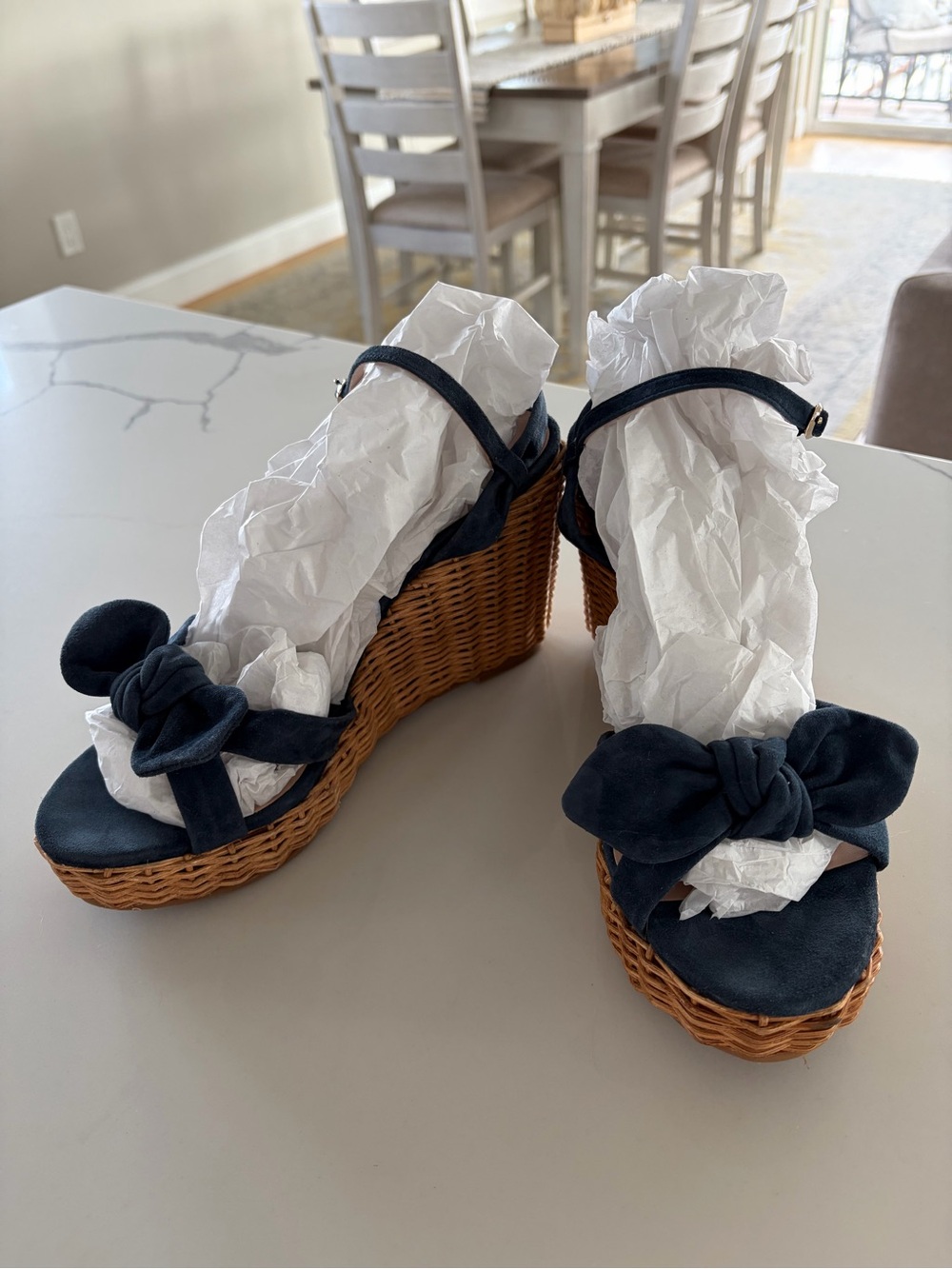 Kate Spade New York Navy Blue Suede Bow Wicker Wedge Espadrille Sandals Size 9 - Picture 6 of 16